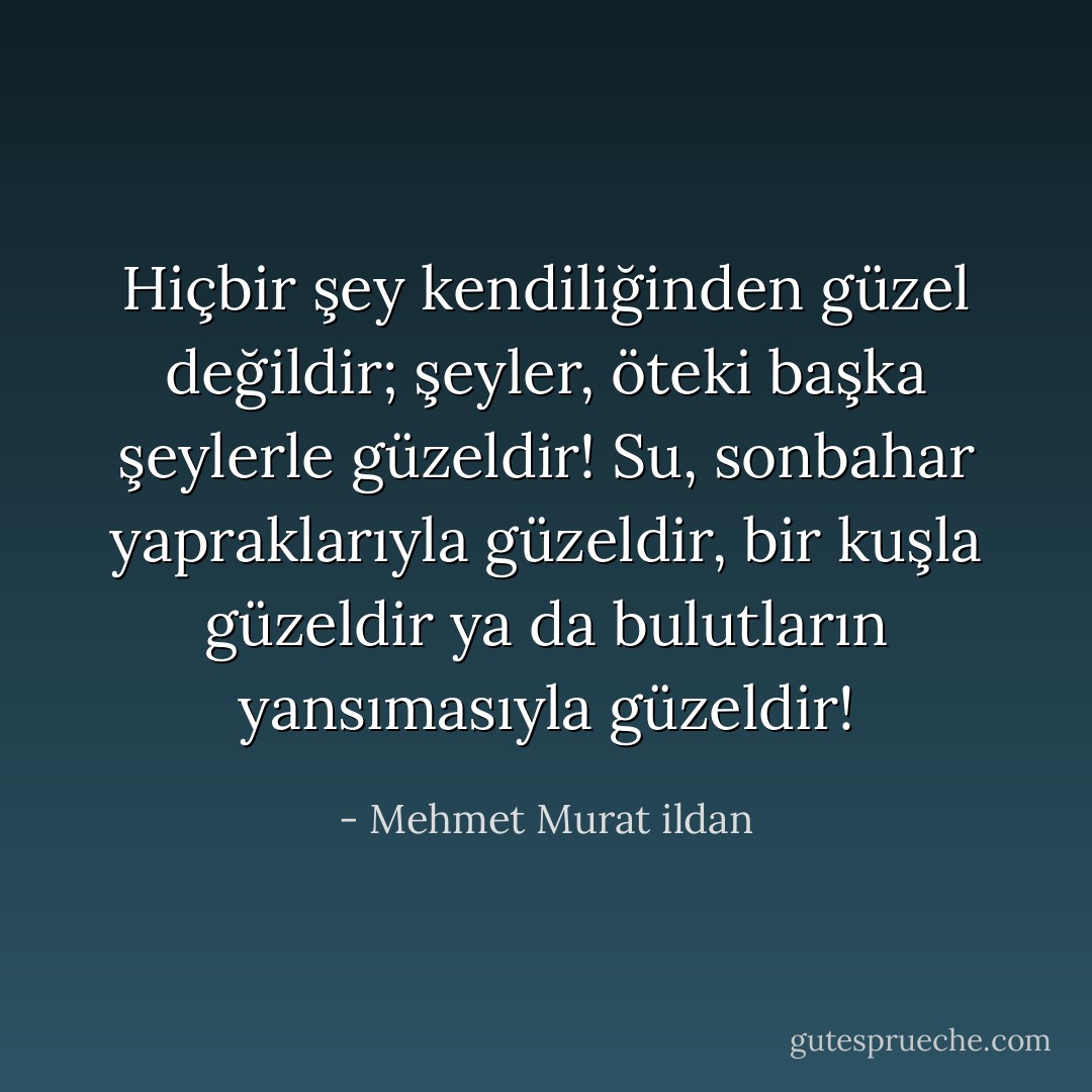 Hiçbir şey kendiliğinden güzel değildir; şeyler, öteki başka şeylerle güzeldir! Su, sonbahar yapraklarıyla güzeldir, bir kuşla güzeldir ya da bulutların yansımasıyla güzeldir! - Mehmet Murat ildan