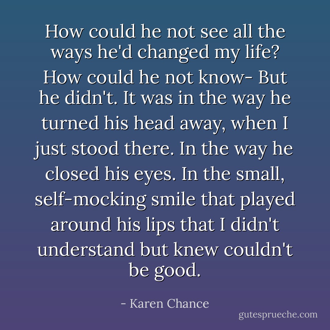 How could he not see all the ways he'd changed my life? How could he not know-<br />But he didn't. It was in the way he turned his head away, when I just stood there. In the way he closed his eyes. In the small, self-mocking smile that played around his lips that I didn't understand but knew couldn't be good. - Karen Chance