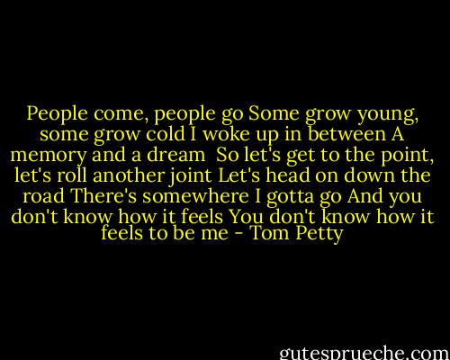 People come, people go<br />Some grow young, some grow cold<br />I woke up in between<br />A memory and a dream<br /><br />So let's get to the point, let's roll another joint<br />Let's head on down the road<br />There's somewhere I gotta go<br />And you don't know how it feels<br />You don't know how it feels to be me - Tom Petty
