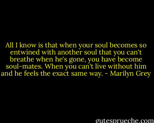 All I know is that when your soul becomes so entwined with another soul that you can't breathe when he's gone, you have become soul-mates. When you can't live without him and he feels the exact same way. - Marilyn Grey
