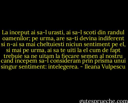 La inceput ai sa-l urasti, ai sa-l scoti din randul oamenilor; pe urma, are sa-ti devina indiferent si n-ai sa mai cheltuiesti niciun sentiment pe el, si mai pe urma, ai sa te uiti la el cum de fapt trebuie sa ne uitam la fiecare semen al nostru cand incepem sa-l consideram prin prisma unui singur sentiment: intelegerea. - Ileana Vulpescu