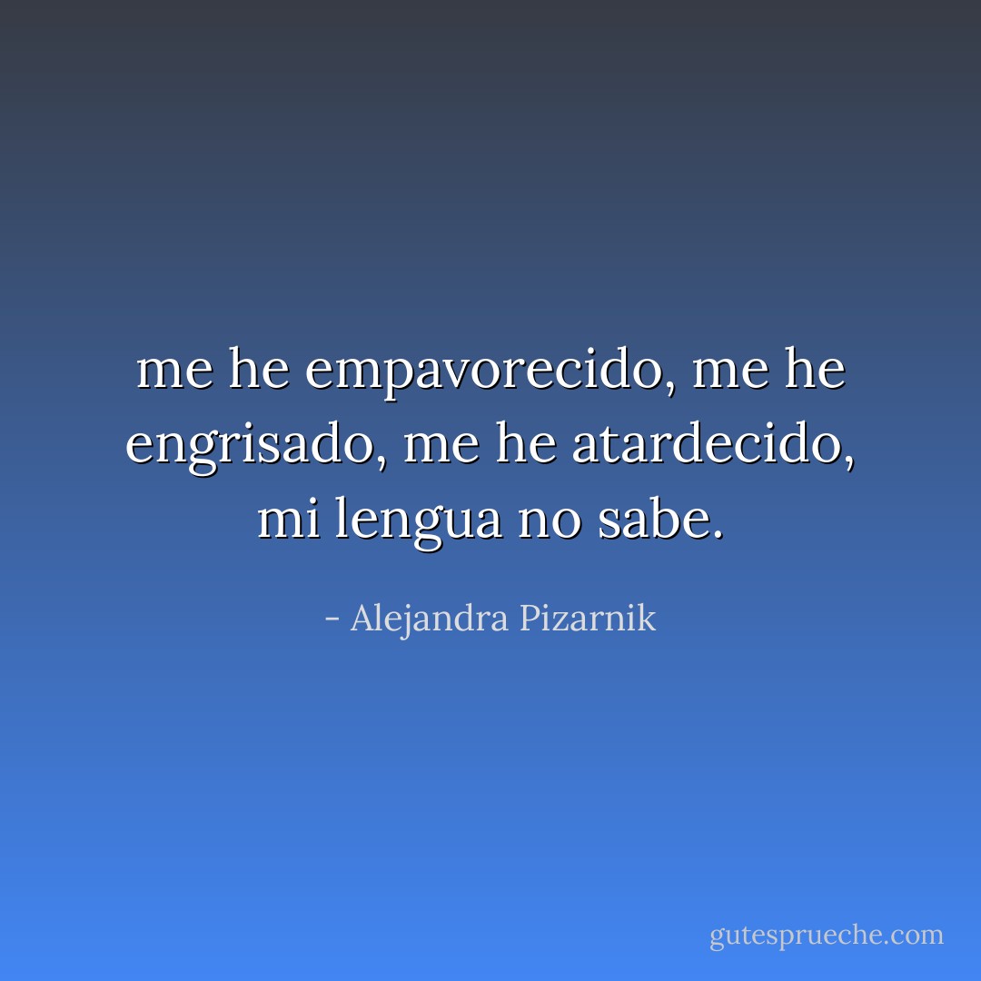 me he empavorecido, me he engrisado,<br />me he atardecido,<br />mi lengua no sabe. - Alejandra Pizarnik