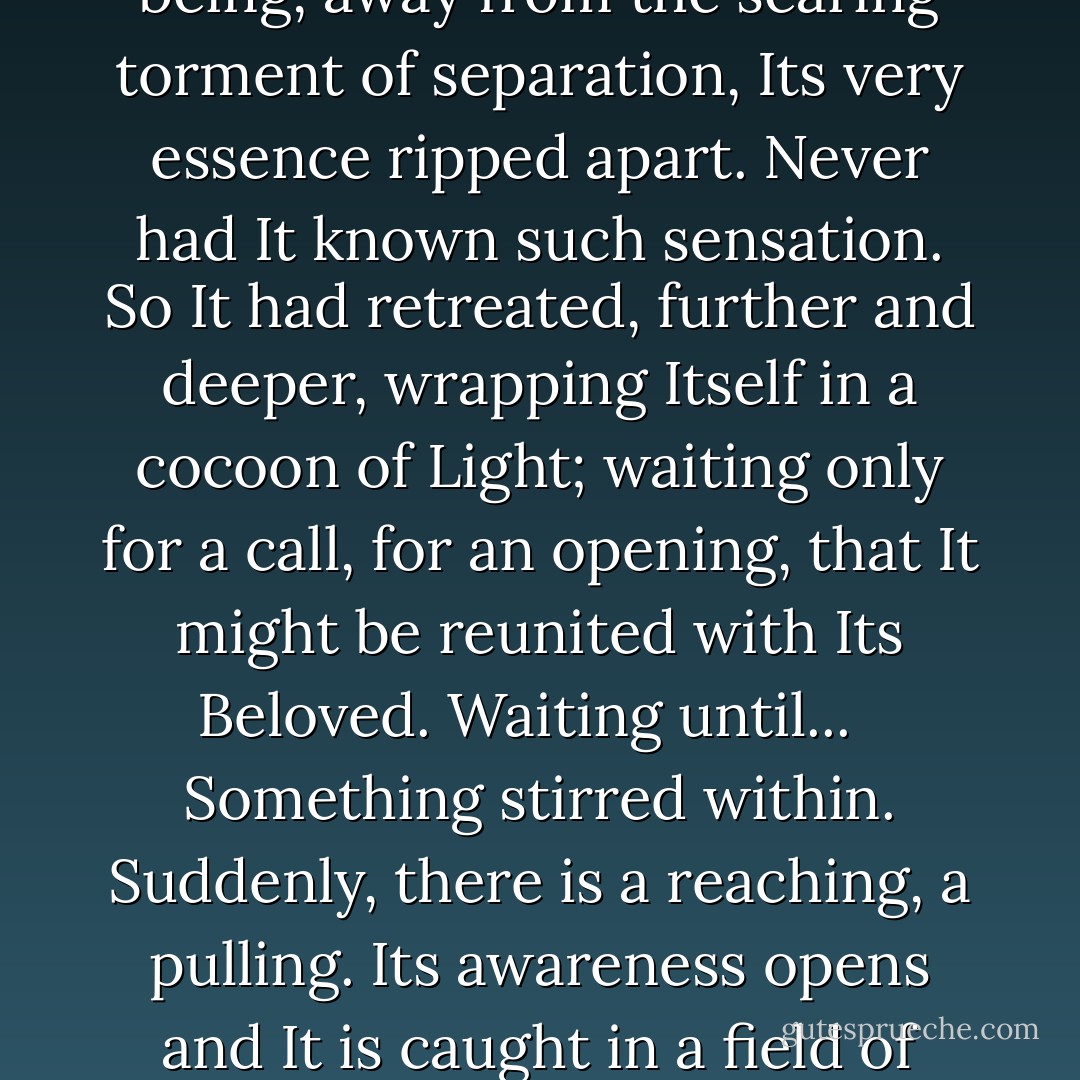 It was floating. Waiting.<br /><br /> It had no sense of how long It had been in this state. Its awareness had retreated into a tiny core at the center of Its being, away from the searing torment of separation, Its very essence ripped apart. Never had It known such sensation. So It had retreated, further and deeper, wrapping Itself in a cocoon of Light; waiting only for a call, for an opening, that It might be reunited with Its Beloved. Waiting until...<br /><br /> Something stirred within. Suddenly, there is a reaching, a pulling. Its awareness opens and It is caught in a field of gravity. It plunges down, irresistibly down toward the blue planet, unable to control or navigate. - J. Valor