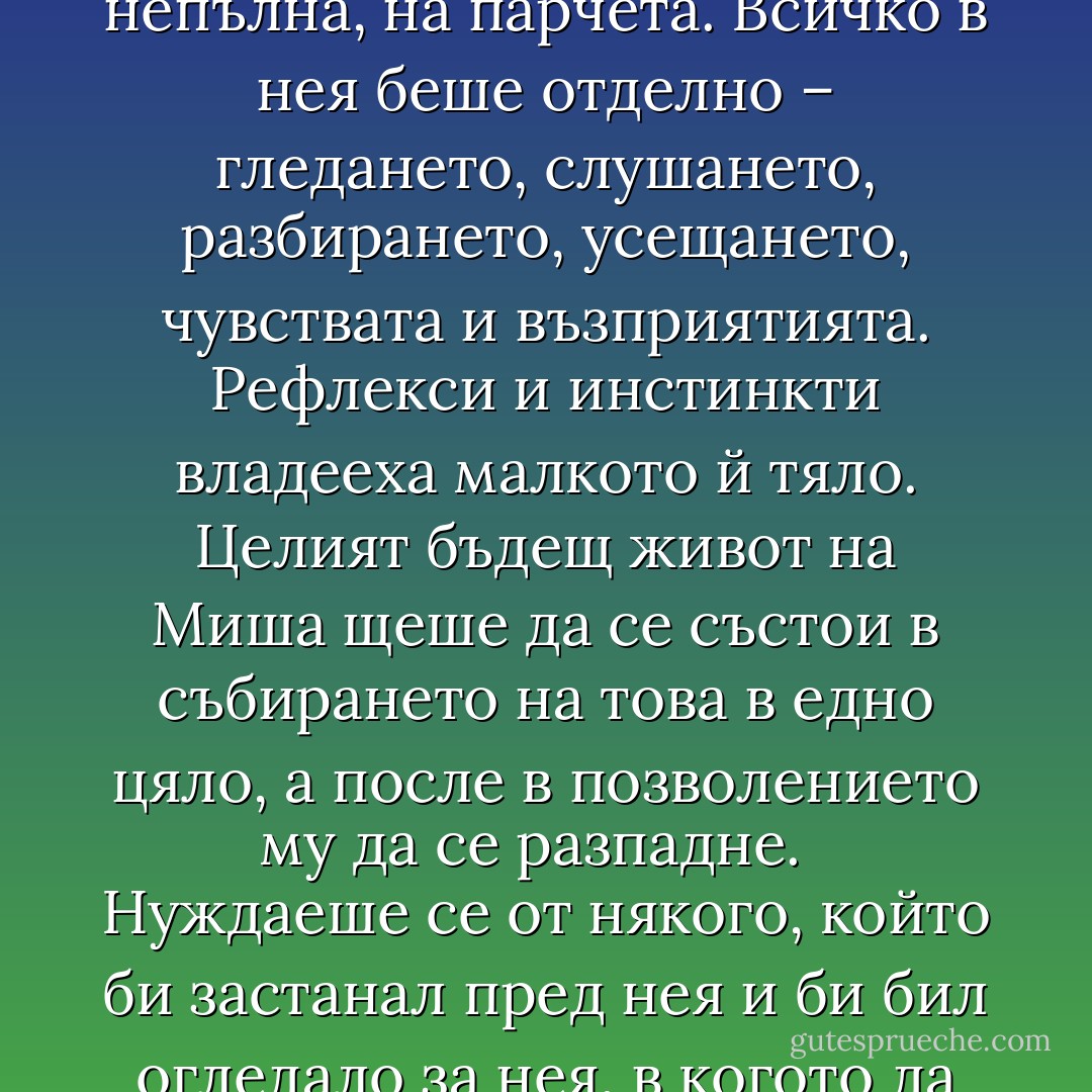 Миша като всеки човек се роди разбира на части, непълна, на парчета. Всичко в нея беше отделно – гледането, слушането, разбирането, усещането, чувствата и възприятията. Рефлекси и инстинкти владееха малкото й тяло. Целият бъдещ живот на Миша щеше да се състои в събирането на това в едно цяло, а после в позволението му да се разпадне. <br /><br />Нуждаеше се от някого, който би застанал пред нея и би бил огледало за нея, в когото да се отрази цялата. - Olga Tokarczuk