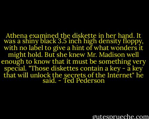 Athena examined the diskette in her hand. It was a shiny black 3.5 inch high density floppy, with no label to give a hint of what wonders it might hold. But she knew Mr. Madison well enough to know that it must be something very special.<br />"Those diskettes contain a key - a key that will unlock the secrets of the Internet" he said. - Ted Pederson
