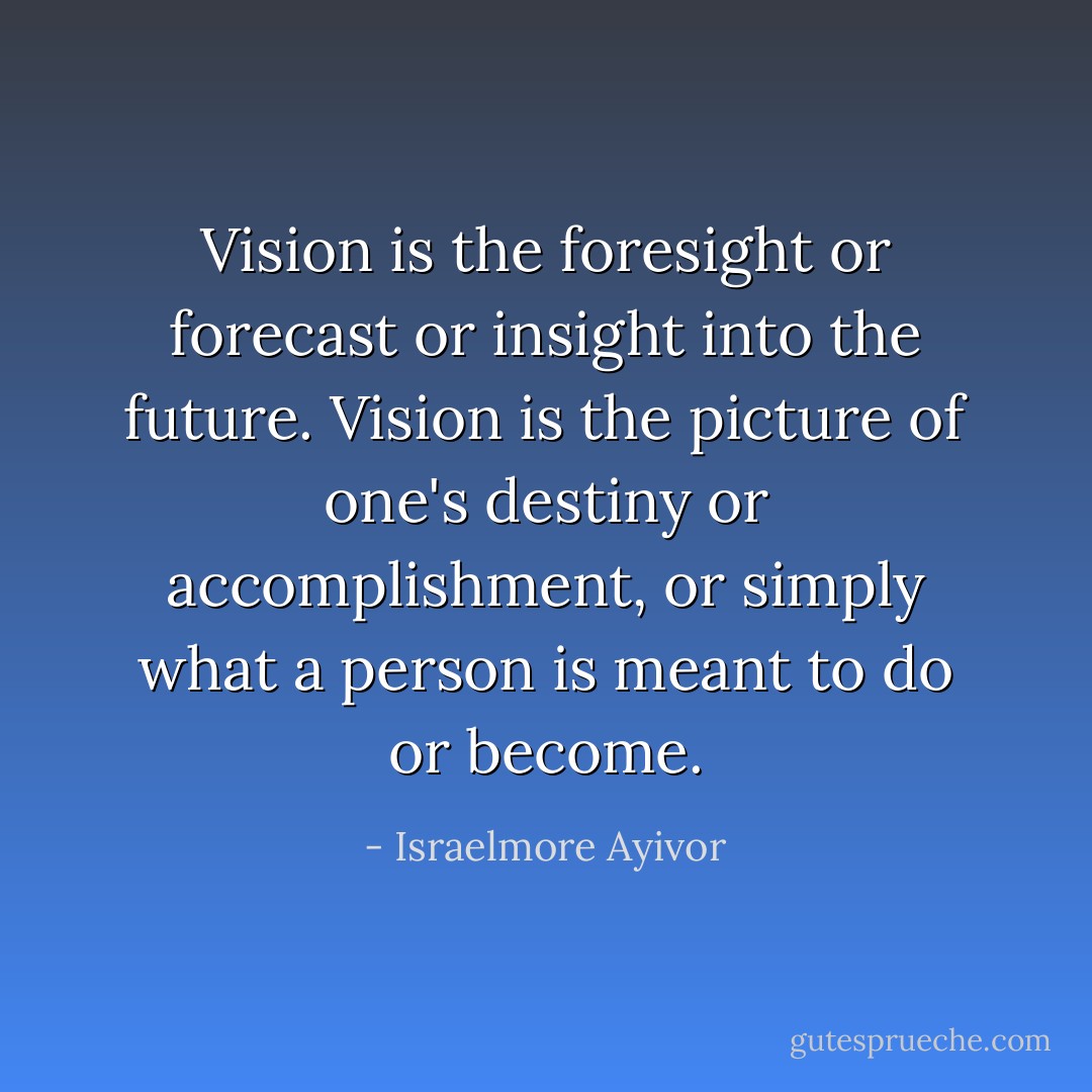 Vision is the foresight or forecast or insight into the future. Vision is the picture of one's destiny or accomplishment, or simply what a person is meant to do or become. - Israelmore Ayivor