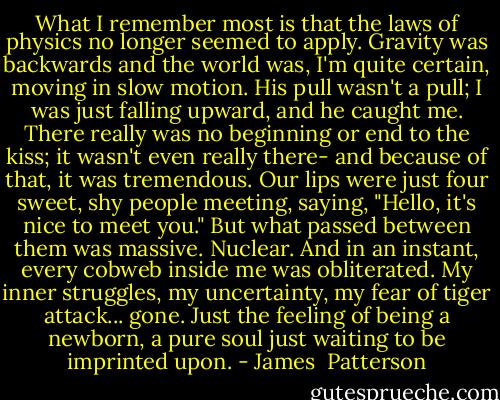 What I remember most is that the laws of physics no longer seemed to apply. Gravity was backwards and the world was, I'm quite certain, moving in slow motion. His pull wasn't a pull; I was just falling upward, and he caught me. There really was no beginning or end to the kiss; it wasn't even really there- and because of that, it was tremendous. Our lips were just four sweet, shy people meeting, saying, "Hello, it's nice to meet you." But what passed between them was massive. Nuclear. And in an instant, every cobweb inside me was obliterated. My inner struggles, my uncertainty, my fear of tiger attack... gone. Just the feeling of being a newborn, a pure soul just waiting to be imprinted upon. - James  Patterson