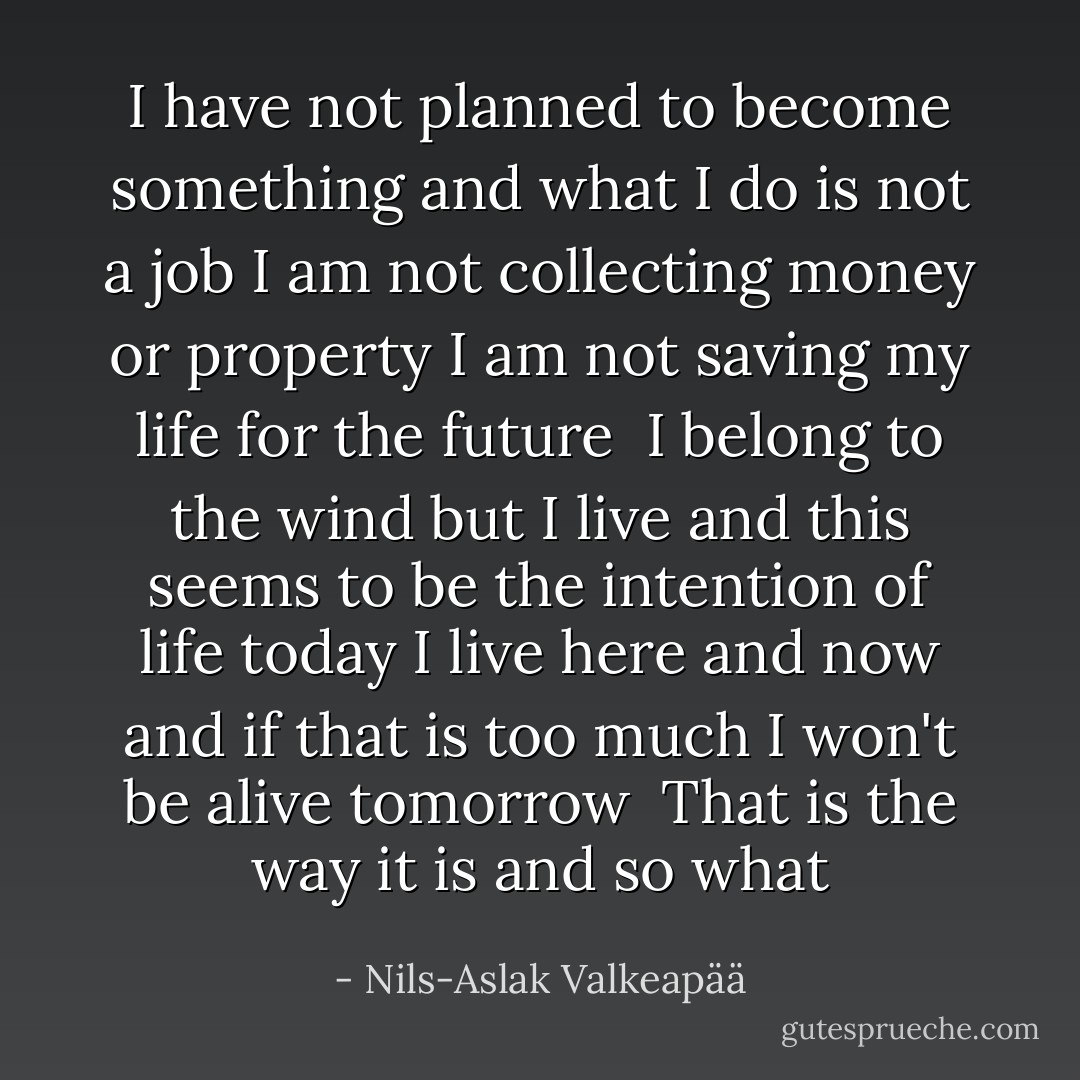 I have not planned to become something<br />and what I do is not a job<br />I am not collecting money or property<br />I am not saving my life for the future<br /><br />I belong to the wind<br />but I live<br />and this seems to be the intention of life<br />today I live<br />here and now<br />and if that is too much<br />I won't be alive tomorrow<br /><br />That is the way it is and so what - Nils-Aslak Valkeapää