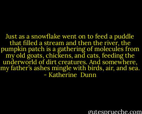 Just as a snowflake<br />went on to feed a puddle that filled a stream and then the river, the<br />pumpkin patch is a gathering of molecules from my old goats, chickens,<br />and cats, feeding the underworld of dirt creatures. And somewhere, my<br />father’s ashes mingle with birds, air, and sea. - Katherine  Dunn