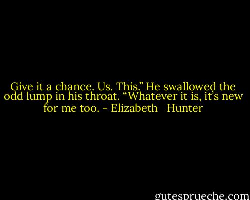 Give it a chance. Us. This.” He swallowed the odd lump in his throat. “Whatever it is, it’s new for me too. - Elizabeth   Hunter
