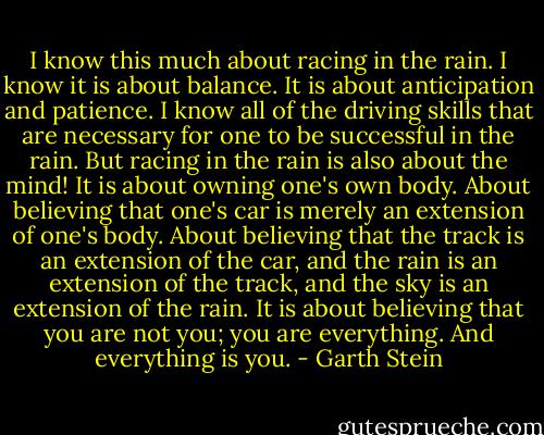 I know this much about racing in the rain. I know it is about balance. It is about anticipation and patience. I know all of the driving skills that are necessary for one to be successful in the rain. But racing in the rain is also about the mind! It is about owning one's own body. About believing that one's car is merely an extension of one's body. About believing that the track is an extension of the car, and the rain is an extension of the track, and the sky is an extension of the rain. It is about believing that you are not you; you are everything. And everything is you. - Garth Stein