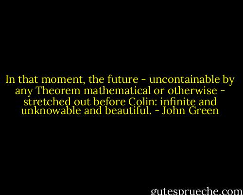 In that moment, the future - uncontainable by any Theorem mathematical or otherwise - stretched out before Colin: infinite and unknowable and beautiful. - John Green