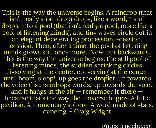 This is the way the universe begins. A raindrop (that isn’t really a raindrop) drops, like a word, “rain” drops, into a pool (that isn’t really a pool, more like a pool of listening minds), and tiny waves circle out in an elegant decelerating procession, -cession, -cession. Then, after a time, the pool of listening minds grows still once more.<br /><br />Now, but backwards, this is the way the universe begins: the still pool of listening minds, the sudden shrinking circles dissolving at the center, conserving at the center until boom, sloop!, up goes the droplet, up towards the voice that raindrops words, up towards the voice and it hangs in the air — remember it there — because that’s the way the universe begins. A little pavilion. A momentary sphere. A word made of stars, dancing. - Craig Wright