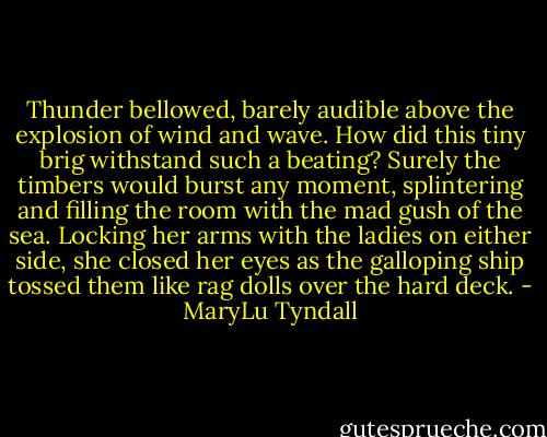 Thunder bellowed, barely audible above the explosion of wind and wave. How did this tiny brig withstand such a beating? Surely the timbers would burst any moment, splintering and filling the room with the mad gush of the sea. Locking her arms with the ladies on either side, she closed her eyes as the galloping ship tossed them like rag dolls over the hard deck. - MaryLu Tyndall