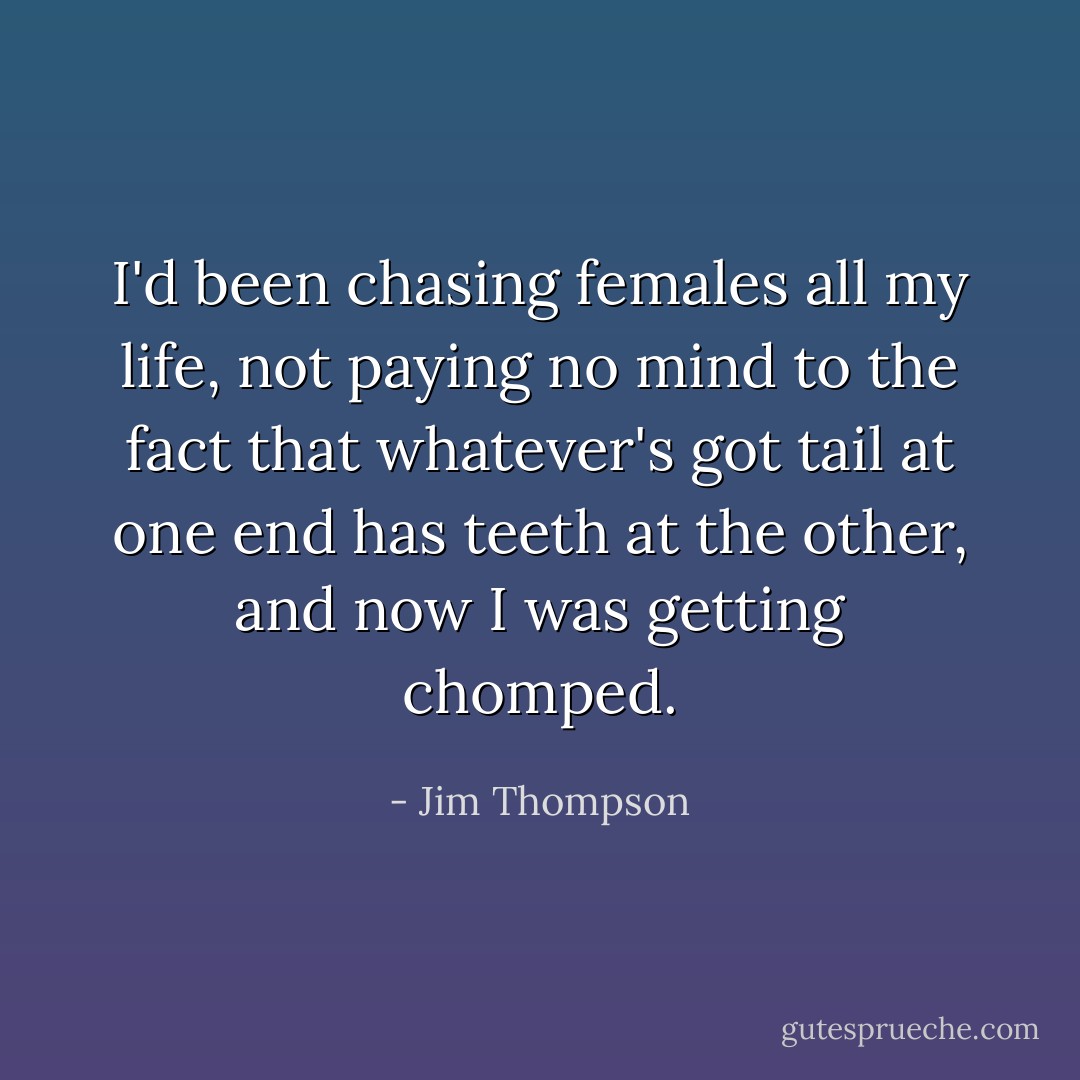 I'd been chasing females all my life, not paying no mind to the fact that whatever's got tail at one end has teeth at the other, and now I was getting chomped. - Jim Thompson