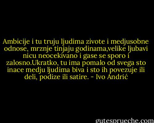 Ambicije i tu truju ljudima zivote i medjusobne odnose, mrznje tinjaju godinama,velike ljubavi nicu neocekivano i gase se sporo i zalosno.Ukratko, tu ima pomalo od svega sto inace medju ljudima biva i sto ih povezuje ili deli, podize ili satire. - Ivo Andrić