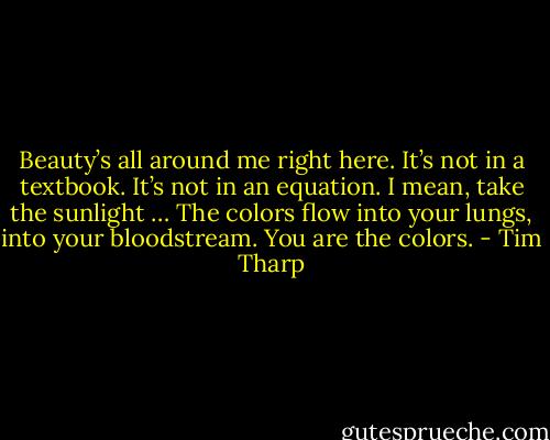 Beauty’s all around me right here. It’s not in a textbook. It’s not in an equation. I mean, take the sunlight … The colors flow into your lungs, into your bloodstream. You are the colors. - Tim Tharp