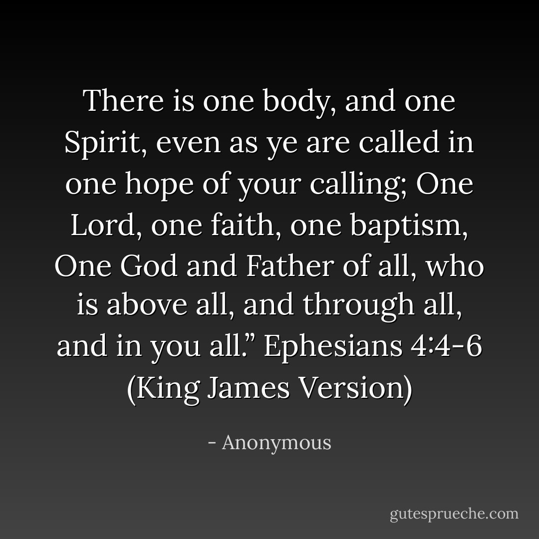 There is one body, and one Spirit, even as ye are called in one hope of your calling; One Lord, one faith, one baptism, One God and Father of all, who is above all, and through all, and in you all.”<br />Ephesians 4:4-6 (King James Version) - Anonymous