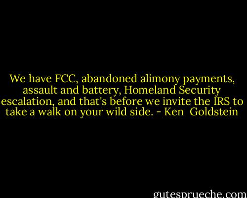 We have FCC, abandoned alimony payments, assault and battery, Homeland Security escalation, and that's before we invite the IRS to take a walk on your wild side. - Ken  Goldstein