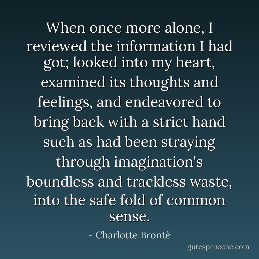 When once more alone, I reviewed the information I had got; looked into my heart, examined its thoughts and feelings, and endeavored to bring back with a strict hand such as had been straying through imagination's boundless and trackless waste, into the safe fold of common sense. - Charlotte Brontë