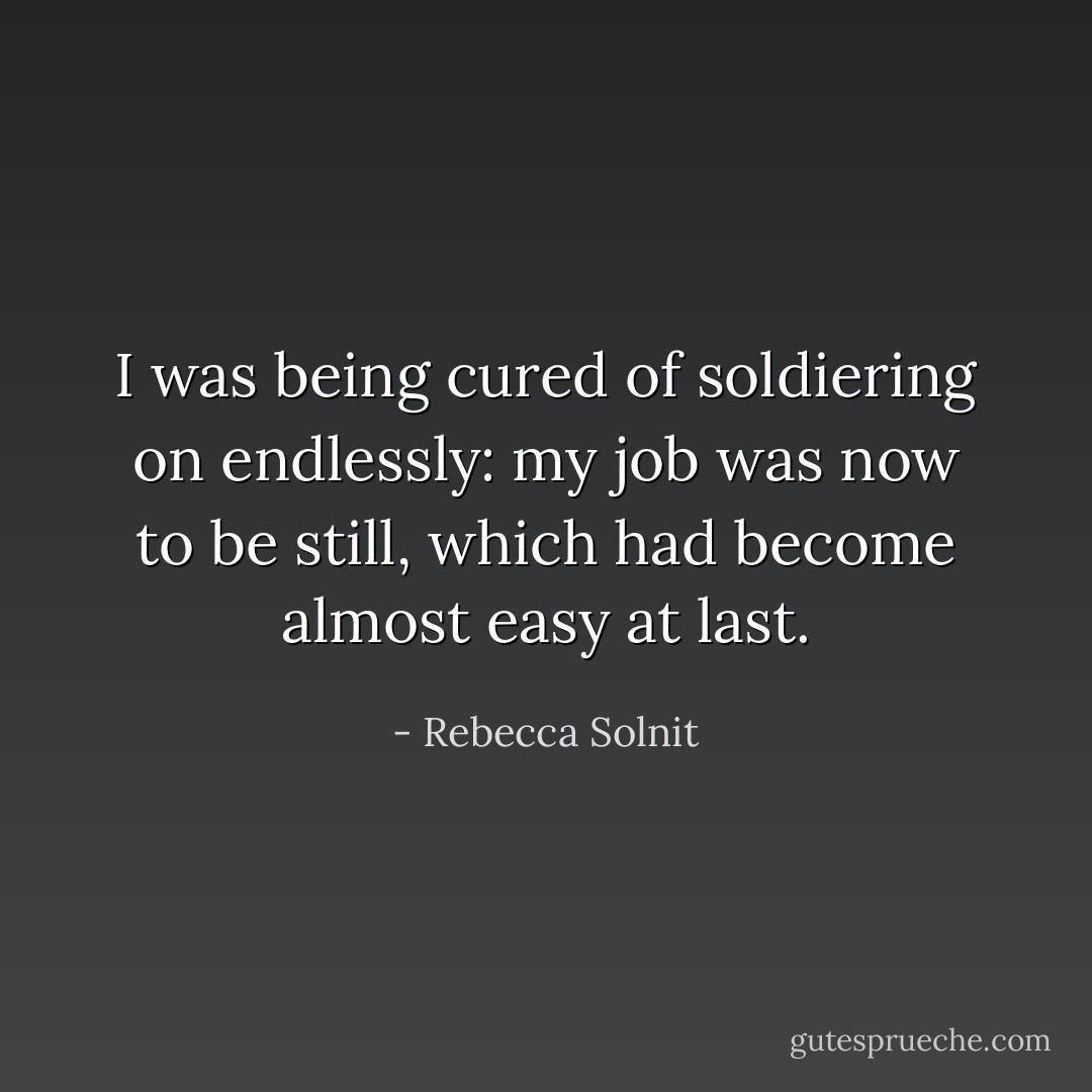 I was being cured of soldiering on endlessly: my job was now to be still, which had become almost easy at last. - Rebecca Solnit