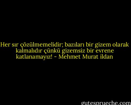 Her sır çözülmemelidir; bazıları bir gizem olarak kalmalıdır çünkü gizemsiz bir evrene katlanamayız! - Mehmet Murat ildan