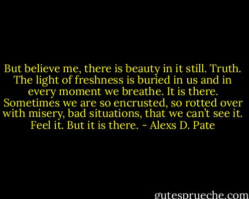 But believe me, there is beauty in it still. Truth. The light of freshness is buried in us and in every moment we breathe. It is there. Sometimes we are so encrusted, so rotted over with misery, bad situations, that we can’t see it. Feel it. But it is there. - Alexs D. Pate