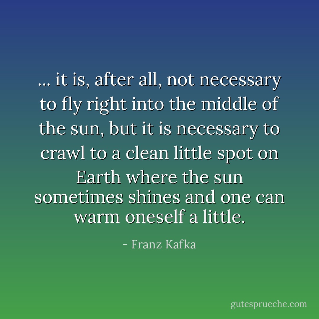 ... it is, after all, not necessary to fly right into the middle of the sun, but it is necessary to crawl to a clean little spot on Earth where the sun sometimes shines and one can warm oneself a little. - Franz Kafka