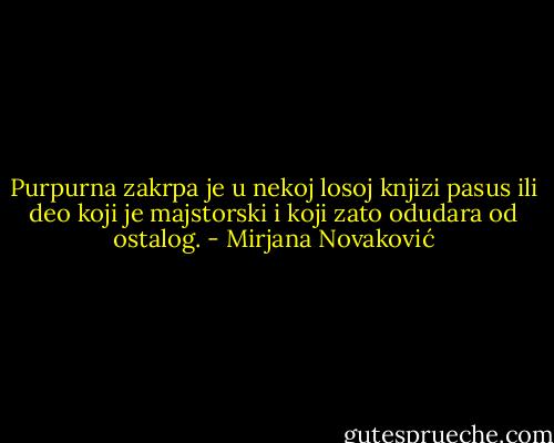 Purpurna zakrpa je u nekoj losoj knjizi pasus ili deo koji je majstorski i koji zato odudara od ostalog. - Mirjana Novaković