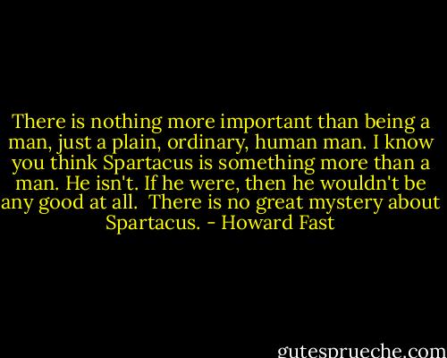 There is nothing more important than being a man, just a plain, ordinary, human man. I know you think Spartacus is something more than a man. He isn't. If he were, then he wouldn't be any good at all. <br />There is no great mystery about Spartacus. - Howard Fast