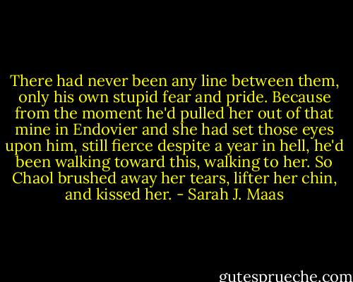 There had never been any line between them, only his own stupid fear and pride. Because from the moment he'd pulled her out of that mine in Endovier and she had set those eyes upon him, still fierce despite a year in hell, he'd been walking toward this, walking to her. So Chaol brushed away her tears, lifter her chin, and kissed her. - Sarah J. Maas