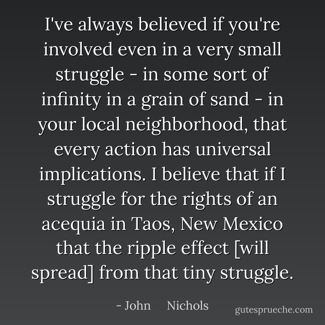 I've always believed if you're involved even in a very small struggle - in some sort of infinity in a grain of sand - in your local neighborhood, that every action has universal implications. I believe that if I struggle for the rights of an acequia in Taos, New Mexico that the ripple effect [will spread] from that tiny struggle. - John     Nichols