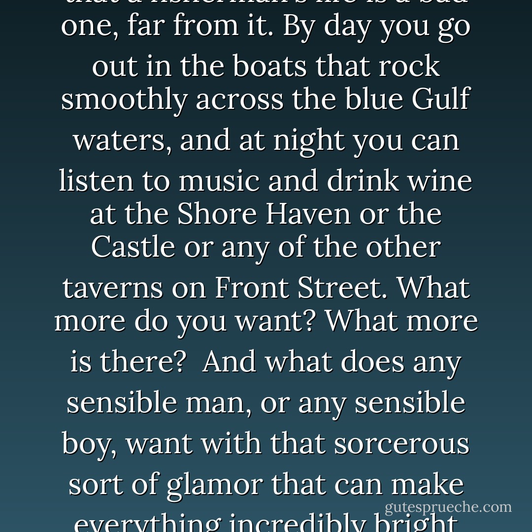 This is the story of a boy named Pete Coutinho, who had a spell put on him. Some people might have called it a curse. I don't know. It depends on a lot of things, on whether you've got gipsy blood, like old Beatriz Sousa, who learned a lot about magic from the wild gitana tribe in the mountains beyond Lisbon, and whether you're satisfied with a fisherman's life in Cabrillo.<br /><br />Not that a fisherman's life is a bad one, far from it. By day you go out in the boats that rock smoothly across the blue Gulf waters, and at night you can listen to music and drink wine at the Shore Haven or the Castle or any of the other taverns on Front Street. What more do you want? What more is there?<br /><br />And what does any sensible man, or any sensible boy, want with that sorcerous sort of glamor that can make everything incredibly bright and shining, deepening colors till they hurt, while wild music swings down from stars that have turned strange and alive? Pete shouldn't have wanted that, I suppose, but he did, and probably that's why there happened to him - what did happen. And the trouble began long before the actual magic started working.<br /><br />("Before I Wake...") - Henry Kuttner