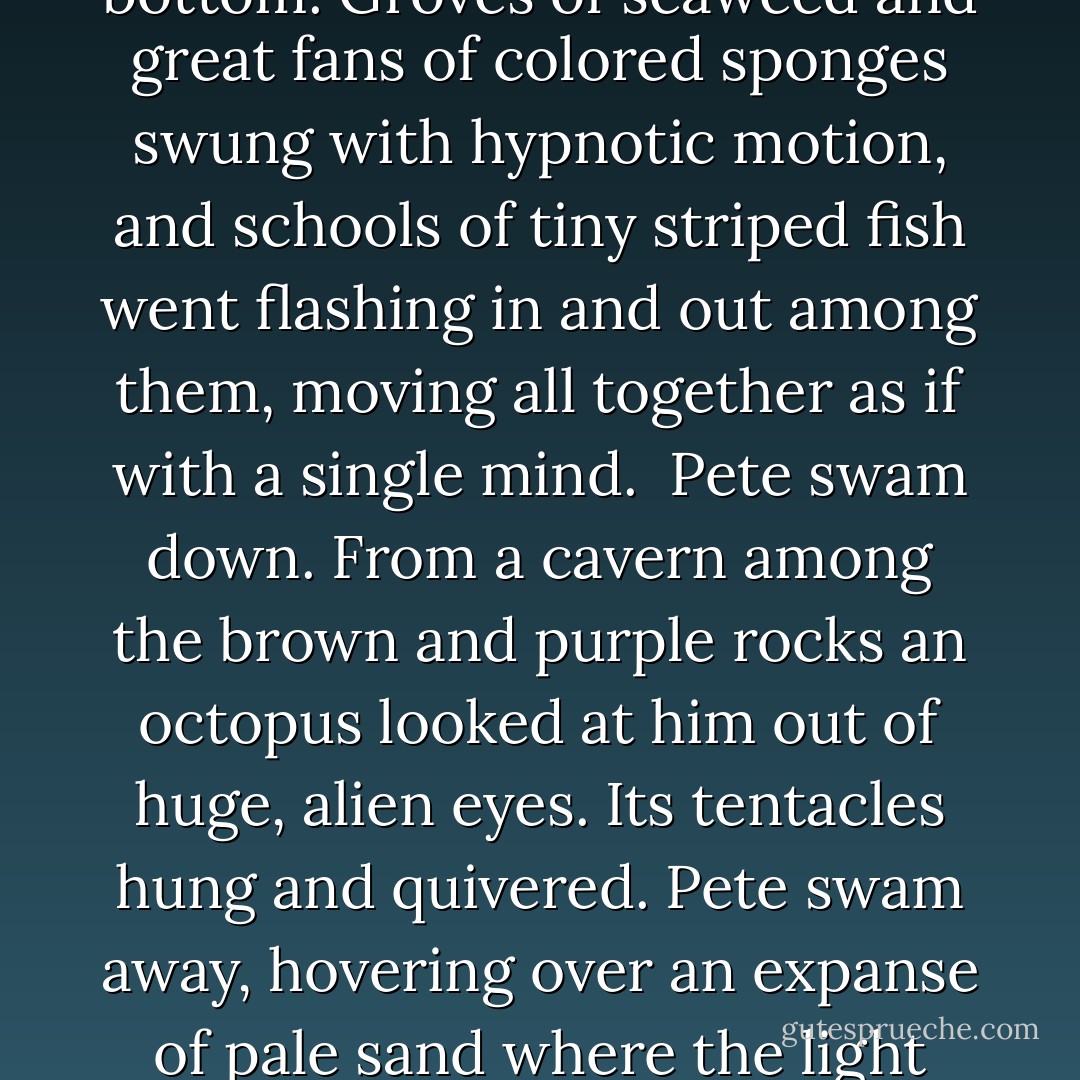 This was the southern sea. The colors that fade when coral is drawn out of its element were garishly bright here, intricate and lovely labyrinths on the bottom. Among the coral, fish went darting; and overhead a sea-bat, a devil-fish, flapped slow wings past, its stingaree tail trailing. Morays coiled by, opening their incredible, wolfish mouths at him, and many-limbed crabs scuttled sidewise over the rocks and little sandy plateaus of the bottom. Groves of seaweed and great fans of colored sponges swung with hypnotic motion, and schools of tiny striped fish went flashing in and out among them, moving all together as if with a single mind.<br /><br />Pete swam down. From a cavern among the brown and purple rocks an octopus looked at him out of huge, alien eyes. Its tentacles hung and quivered. Pete swam away, hovering over an expanse of pale sand where the light from above shimmered and ran in rippling waves, his own shadow hanging spread-eagled below him. In and out of it many little creatures went scuttling busily on their underwater errands. Life here was painted in three dimensions, and there was no gravity. There was only beauty and strangeness and a hint of terror that sent pleasurable excitement thrilling through Pete's blood.<br /><br />("Before I Wake") - Henry Kuttner