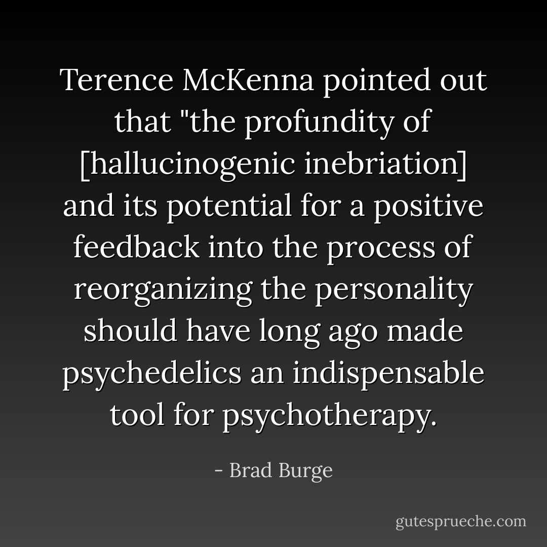 Terence McKenna pointed out that "the profundity of [hallucinogenic inebriation] and its potential for a positive feedback into the process of reorganizing the personality should have long ago made psychedelics an indispensable tool for psychotherapy. - Brad Burge