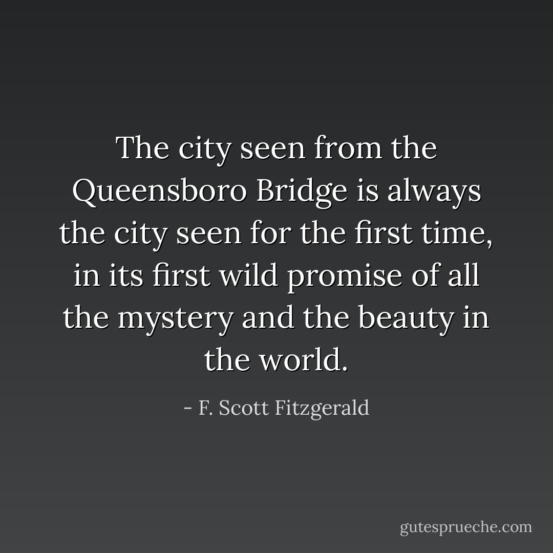 The city seen from the Queensboro Bridge is always the city seen for the first time, in its first wild promise of all the mystery and the beauty in the world. - F. Scott Fitzgerald