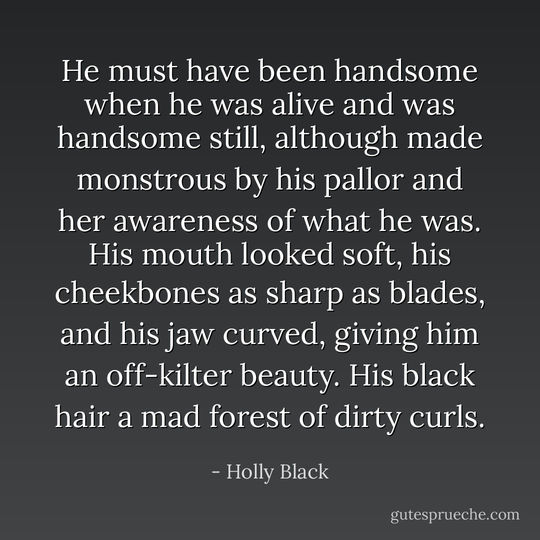 He must have been handsome when he was alive and was handsome still, although made monstrous by his pallor and her awareness of what he was. His mouth looked soft, his cheekbones as sharp as blades, and his jaw curved, giving him an off-kilter beauty. His black hair a mad forest of dirty curls. - Holly Black