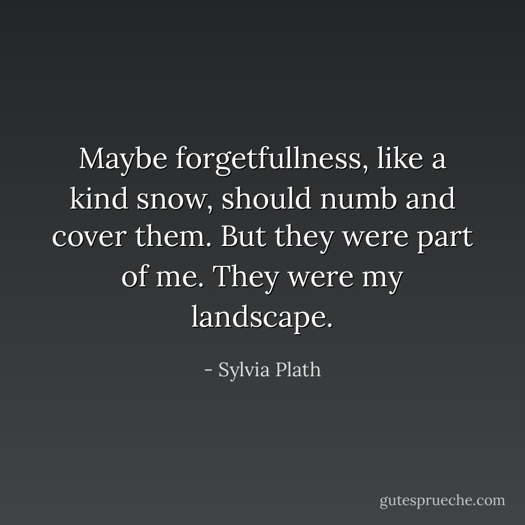 Maybe forgetfullness, like a kind snow, should numb and cover them. But they were part of me. They were my landscape. - Sylvia Plath