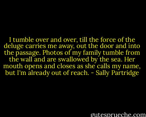 I tumble over and over, till the force of the deluge carries me away, out the door and into the passage. Photos of my family tumble from the wall and are swallowed by the sea. Her mouth opens and closes as she calls my name, but I'm already out of reach. - Sally Partridge