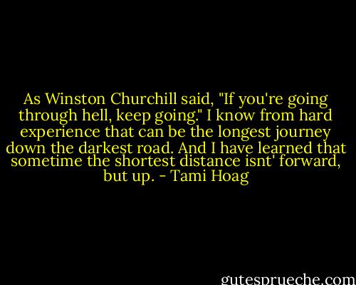 As Winston Churchill said, "If you're going through hell, keep going." I know from hard experience that can be the longest journey down the darkest road. And I have learned that sometime the shortest distance isnt' forward, but up. - Tami Hoag