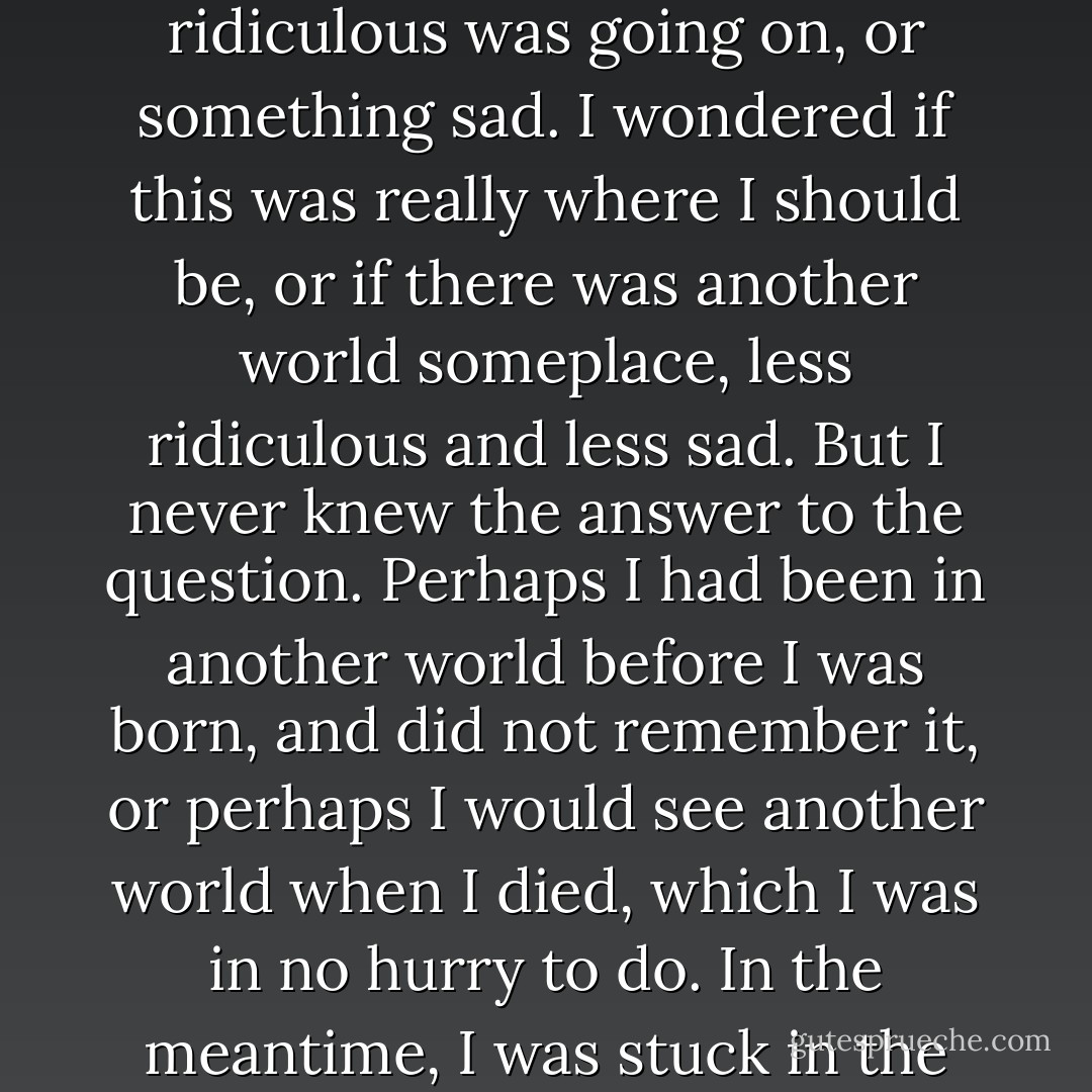 The three of us stood there for a minute. I don’t know what Stew was thinking, and the filing cabinet wasn’t thinking anything. But I was thinking, is this the world? Is this really the place in which you’ve ended up, Snicket? It was a question that struck me, as it might strike you, when something ridiculous was going on, or something sad. I wondered if this was really where I should be, or if there was another world someplace, less ridiculous and less sad. But I never knew the answer to the question. Perhaps I had been in another world before I was born, and did not remember it, or perhaps I would see another world when I died, which I was in no hurry to do. In the meantime, I was stuck in the police station, doing something so ridiculous it felt sad, and feeling so sad it was ridiculous. The world of the police station, the world of Stain’d-by-the-Sea and all of the wrong questions I was asking, was was the only world I could see. - Lemony Snicket