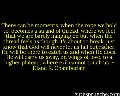 There can be moments, when the rope we hold to, becomes a strand of thread, where we feel that we are barely hanging on but when the thread feels as though it's about to break; just know that God will never let us fall but rather, He will be there to catch us and when He does, He will carry us away, on wings of love, to a higher plateau, where evil cannot touch us. - Diane K. Chamberlain