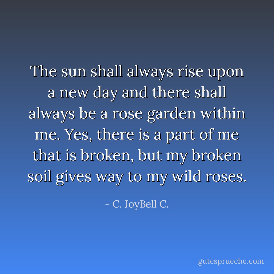 The sun shall always rise upon a new day and there shall always be a rose garden within me. Yes, there is a part of me that is broken, but my broken soil gives way to my wild roses. - C. JoyBell C.