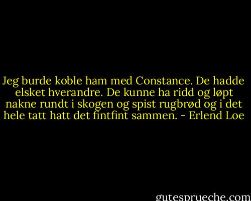 Jeg burde koble ham med Constance. De hadde elsket hverandre. De kunne ha ridd og løpt nakne rundt i skogen og spist rugbrød og i det hele tatt hatt det fintfint sammen. - Erlend Loe