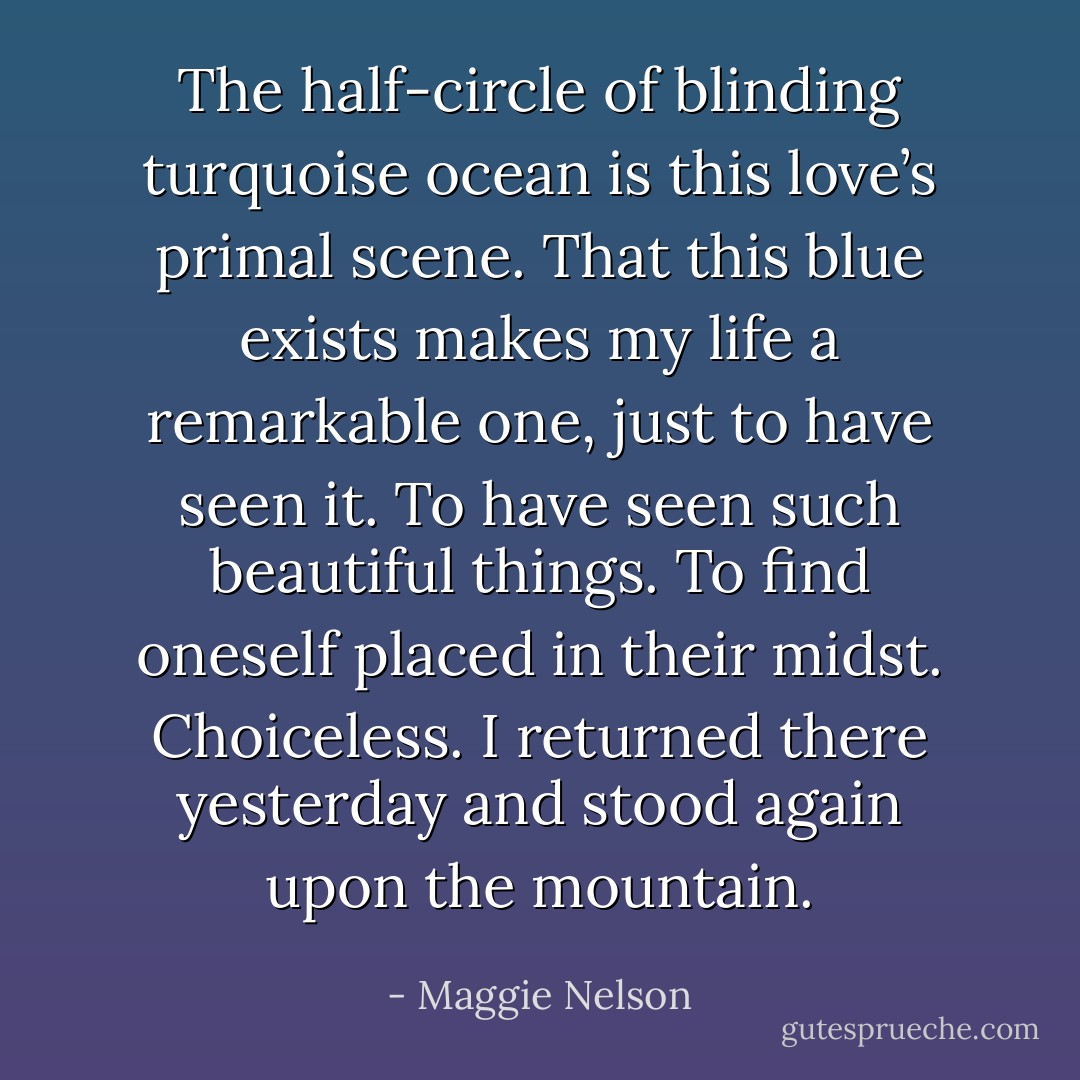 The half-circle of blinding turquoise ocean is this love’s primal scene. That this blue exists makes my life a remarkable one, just to have seen it. To have seen such beautiful things. To find oneself placed in their midst. Choiceless. I returned there yesterday and stood again upon the mountain. - Maggie Nelson