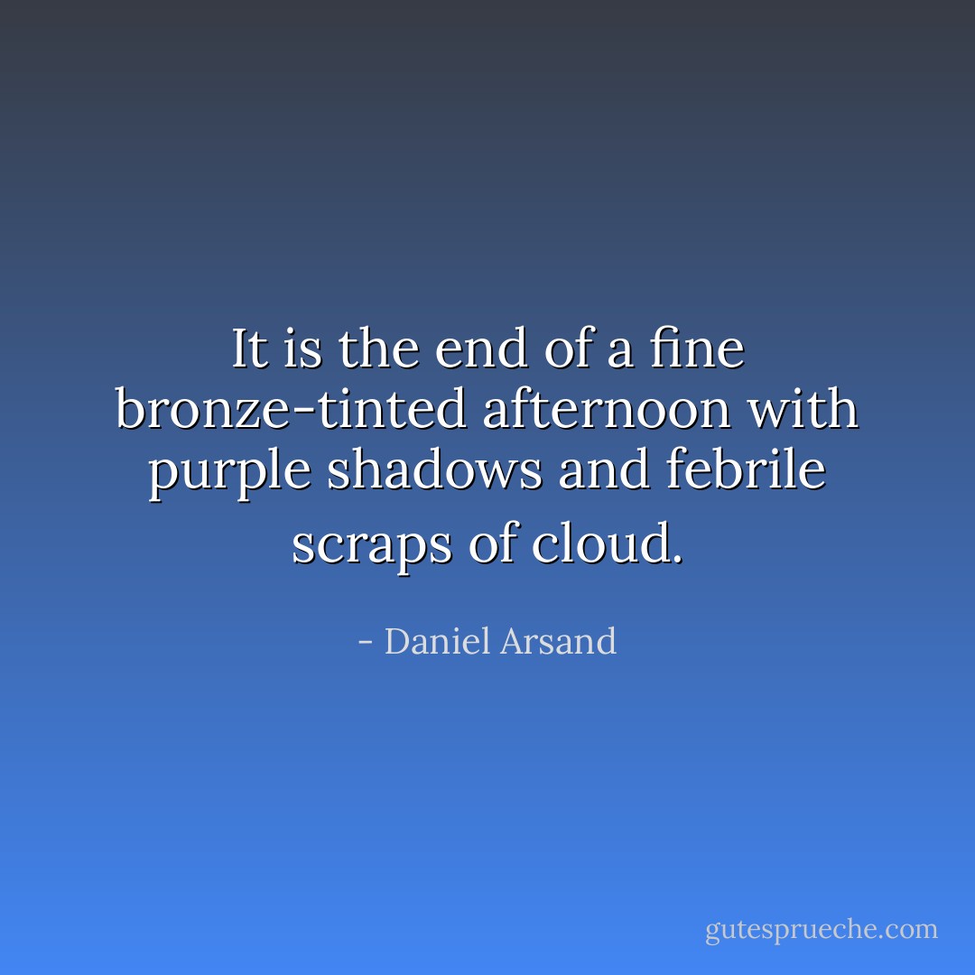 It is the end of a fine bronze-tinted afternoon with purple shadows and febrile scraps of cloud. - Daniel Arsand