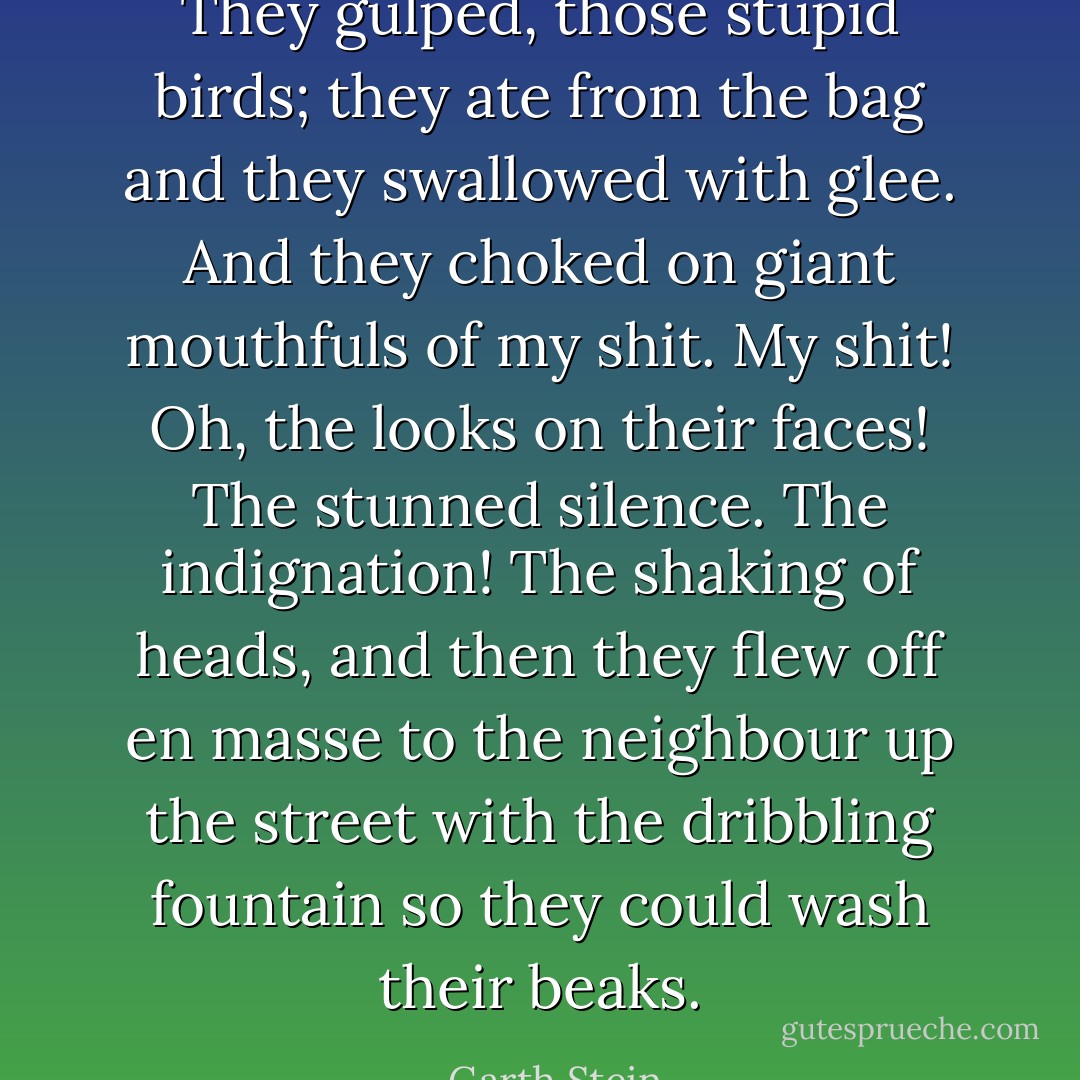 They gulped, those stupid birds; they ate from the bag and they swallowed with glee. And they choked on giant mouthfuls of my shit. My shit! Oh, the looks on their faces! The stunned silence. The indignation! The shaking of heads, and then they flew off en masse to the neighbour up the street with the dribbling fountain so they could wash their beaks. - Garth Stein