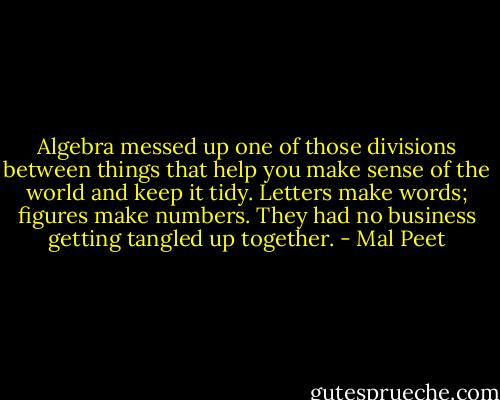 Algebra messed up one of those divisions between things that help you make sense of the world and keep it tidy. Letters make words; figures make numbers. They had no business getting tangled up together. - Mal Peet
