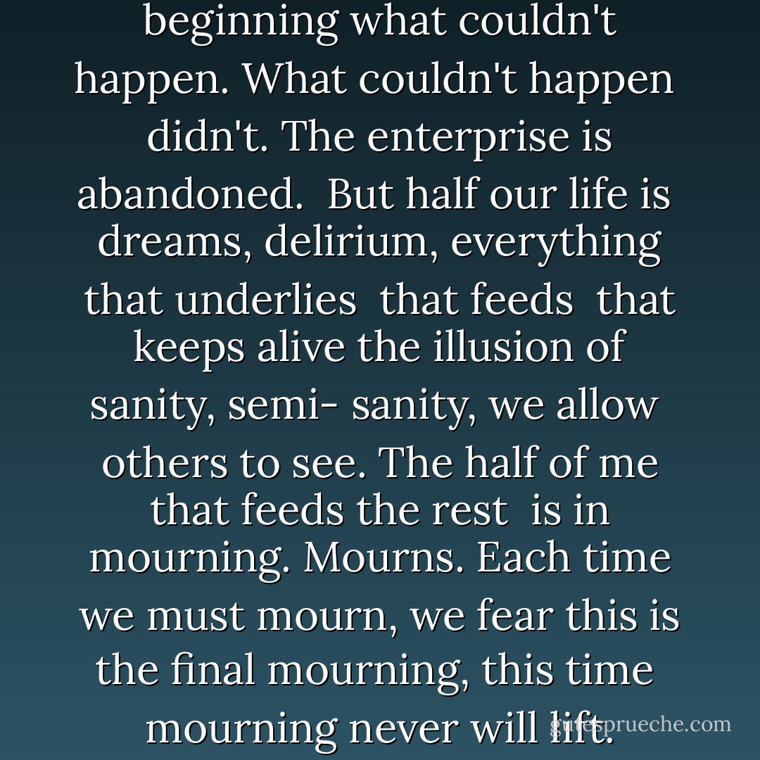 I'm not a fool, I knew from the beginning<br />what couldn't happen. What couldn't happen<br /><br />didn't. <i>The enterprise is abandoned.</i><br /><br />But half our life is <br />dreams, delirium, everything that underlies<br /><br />that feeds<br /><br />that keeps alive the illusion of sanity, semi-<br />sanity, we allow<br /><br />others to see. The half of me that feeds the rest<br /><br />is in mourning. Mourns. Each time we must<br />mourn, we fear this is the final mourning, this time<br /><br />mourning never will lift. - Frank Bidart