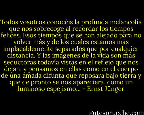 Todos vosotros conocéis la profunda melancolía que nos sobrecoge al recordar los tiempos felices. Esos tiempos que se han alejado para no volver más y de los cuales estamos más implacablemente separados que por cualquier distancia. Y las imágenes de la vida son más seductoras todavía vistas en el reflejo que nos dejan, y pensamos en ellas como en el cuerpo de una amada difunta que reposara bajo tierra y que de pronto se nos apareciera, como un luminoso espejismo... - Ernst Jünger